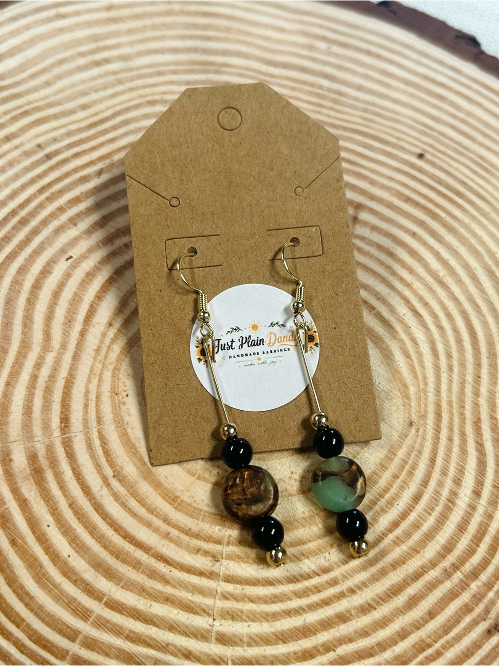 Earth Tone Marble Bead Dangle Earrings Gold Tone Boho Statement Jewelry